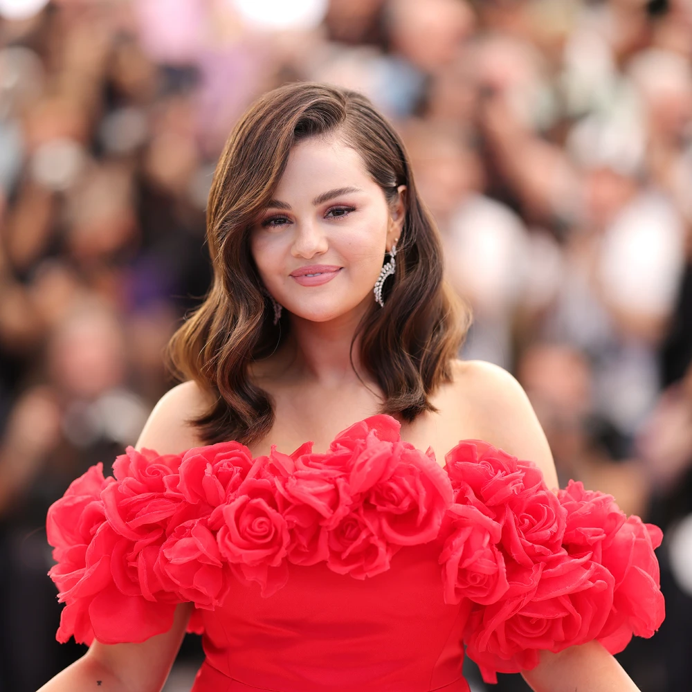 Selena Gomez wearing a flowery dress